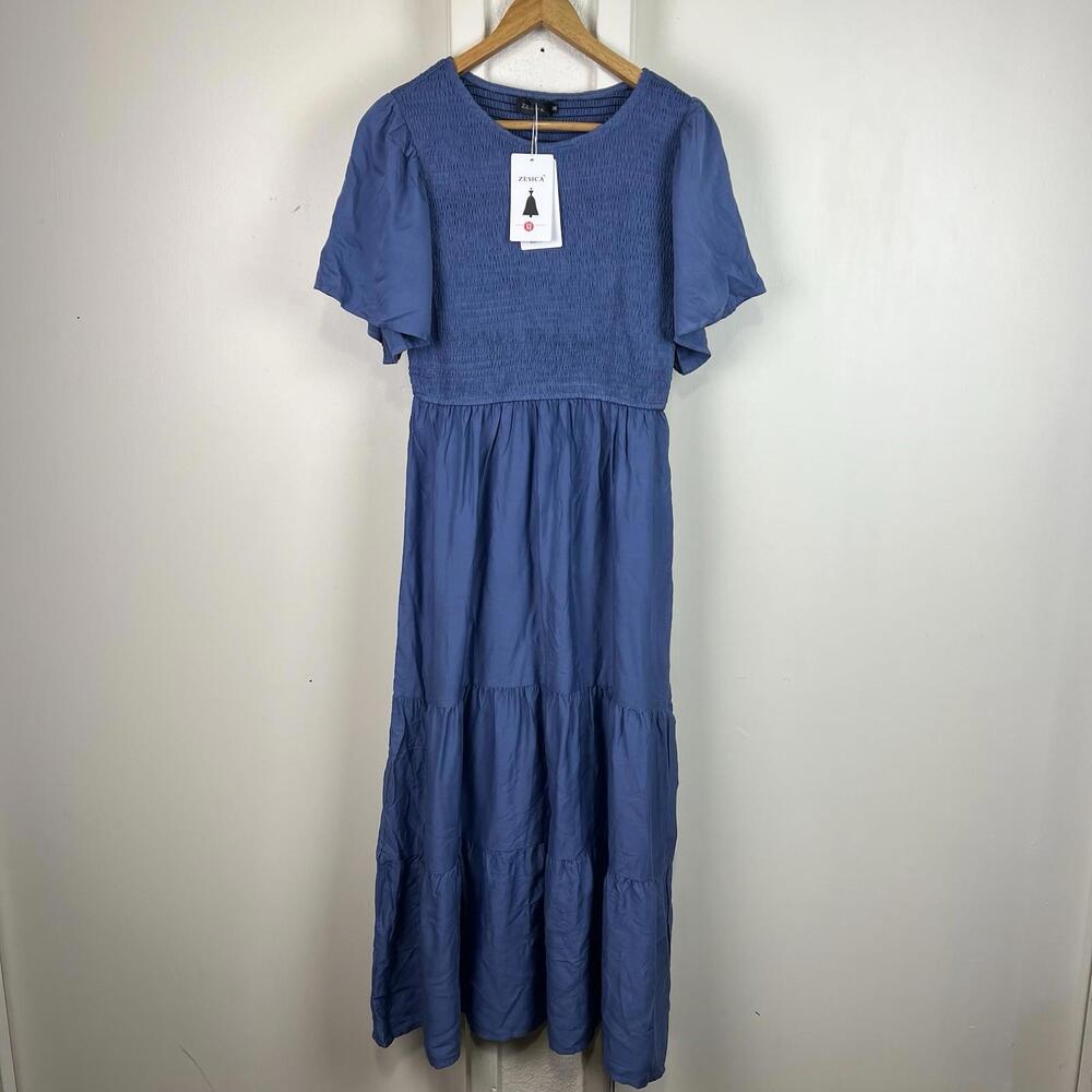 Zesica Puff Sleeve Smocked High Waist Ruffle Dark Blue Midi Dress Sz Medium NWT